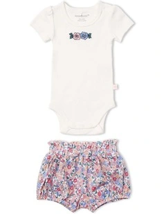 Field of Berries Embroidered Bodysuit & Floral Shorts Set in Multi