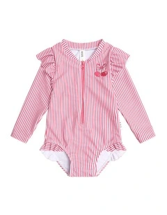 Cherry Pie Stripe Frill Swimsuit in Red