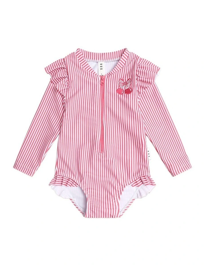 Cherry Pie Stripe Frill Swimsuit in Red image 1