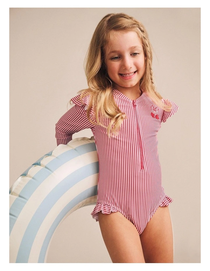 Cherry Pie Stripe Frill Swimsuit in Red image 2