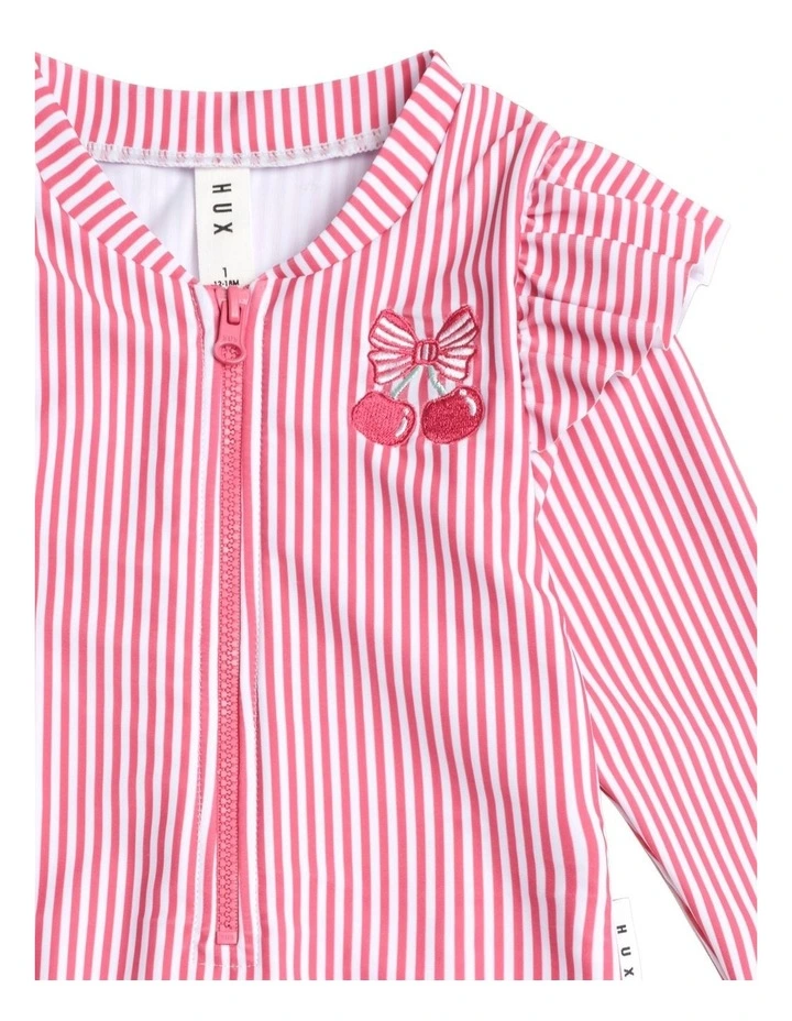 Cherry Pie Stripe Frill Swimsuit in Red image 3