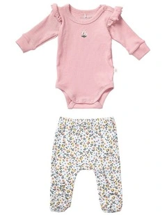 Rib Frill Bodysuit And Footed Legging Set in Pink