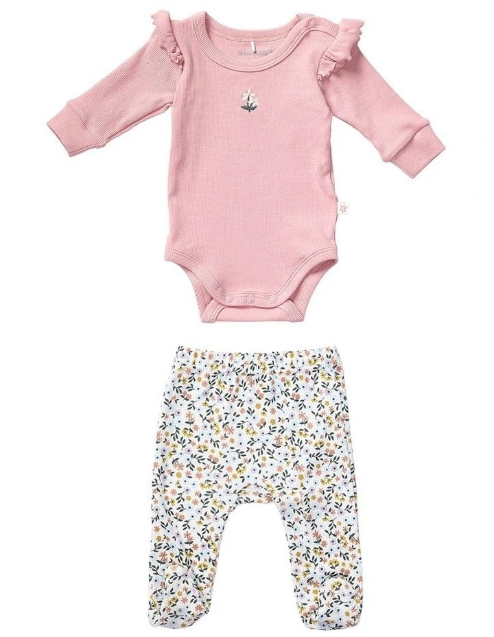 Rib Frill Bodysuit And Footed Legging Set in Pink image 1