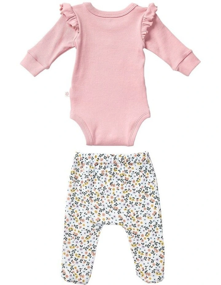 Rib Frill Bodysuit And Footed Legging Set in Pink image 2