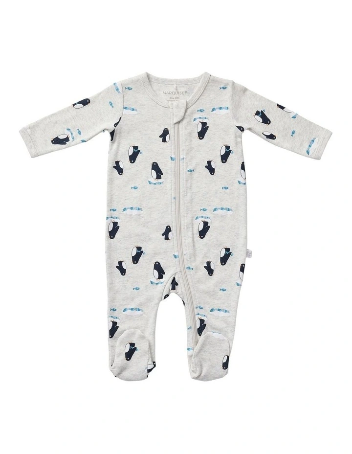 Penguin Friends Zip Growsuit in Grey image 1