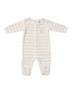 Stripe Velour Studsuit Bunny Embroidery in Cream
