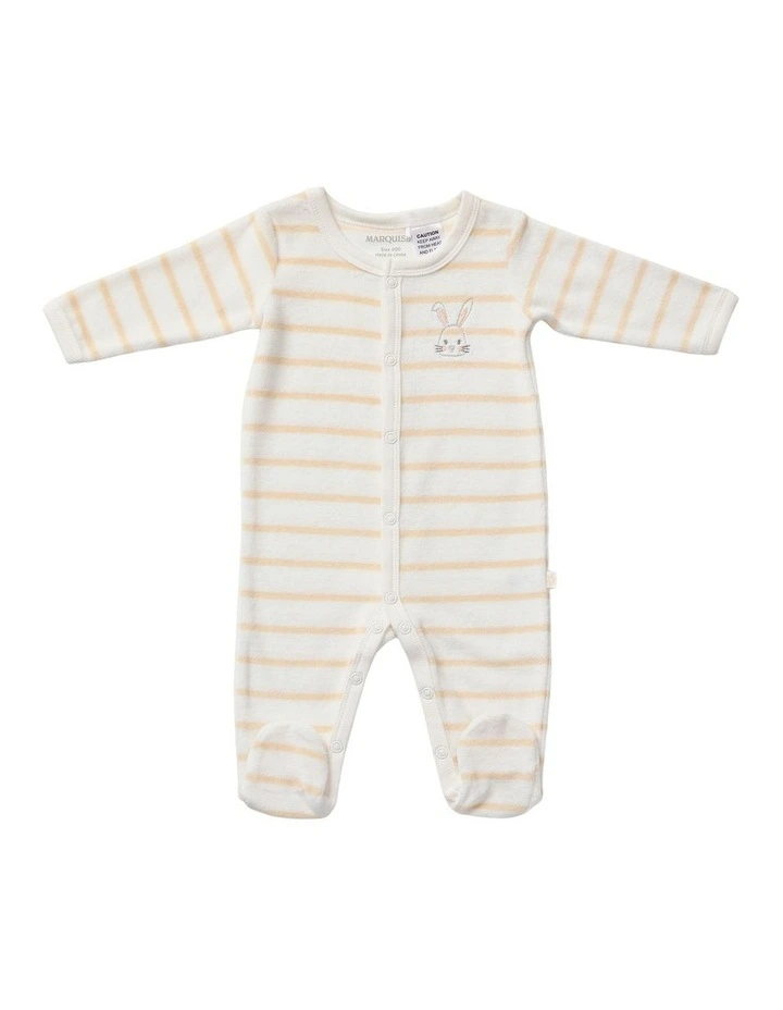 Stripe Velour Studsuit Bunny Embroidery in Cream image 1