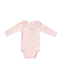 Frill Collar Rib Bodysuit in Pink