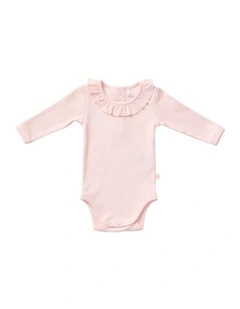 Frill Collar Rib Bodysuit in Pink