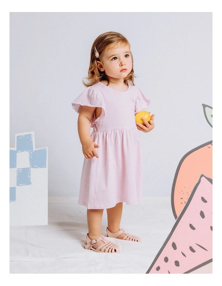 Stripe Frill Dress (Sizes 0-5) in Pink image 2