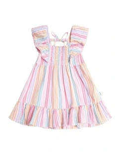 Rainbow Stripe Shirred Frill Dress in Multi