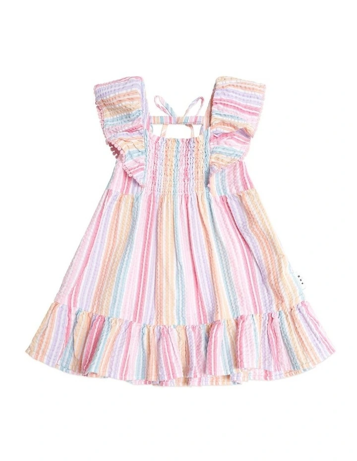 Rainbow Stripe Shirred Frill Dress in Multi image 1