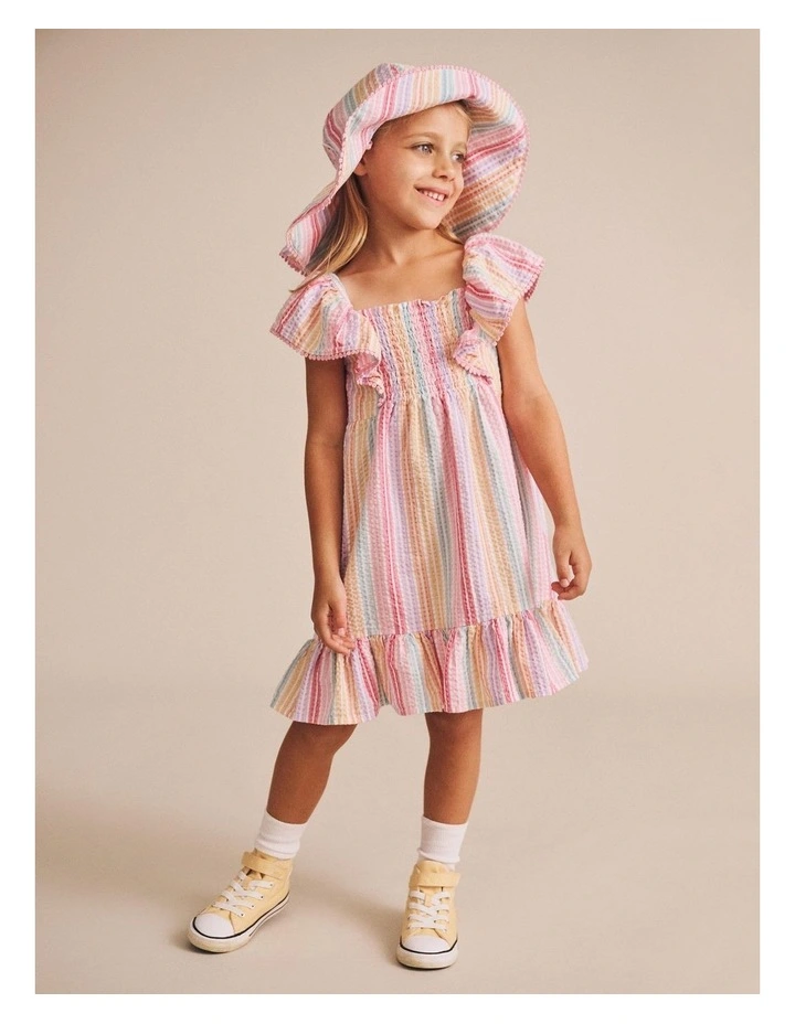 Rainbow Stripe Shirred Frill Dress in Multi image 2