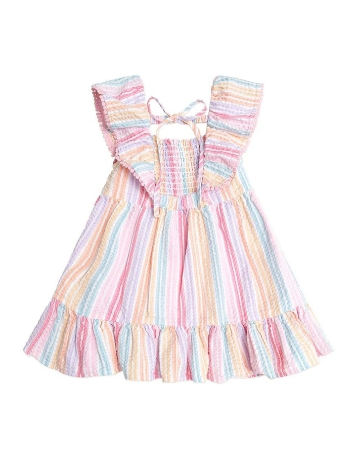 Rainbow Stripe Shirred Frill Dress in Multi image 3