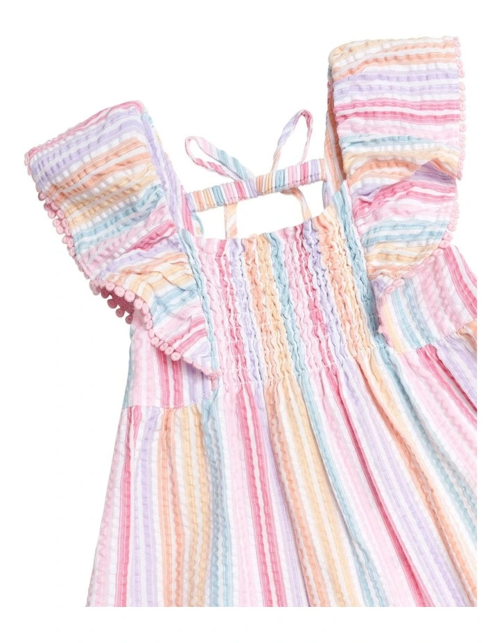 Rainbow Stripe Shirred Frill Dress in Multi image 4