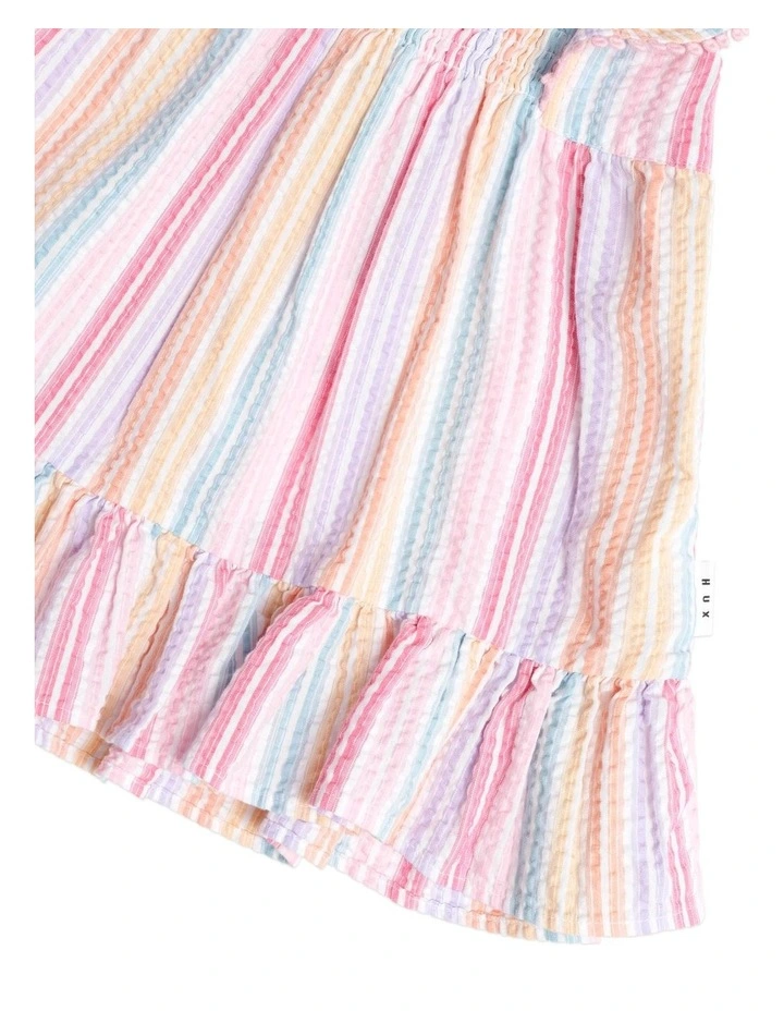 Rainbow Stripe Shirred Frill Dress in Multi image 5