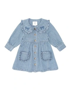Vintage Bow Collar Denim Dress in Blue