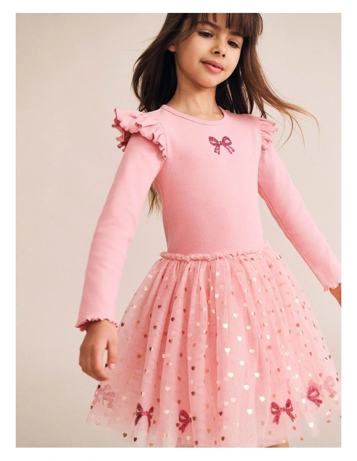 Sequin Bow Tulle Dress in Pink image 3