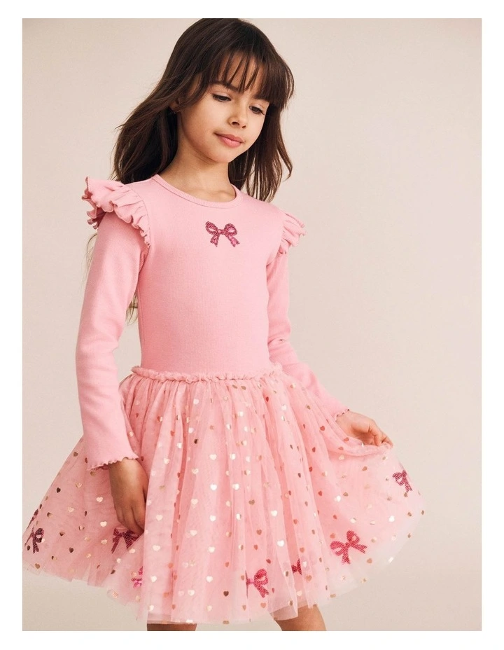 Sequin Bow Tulle Dress in Pink image 4