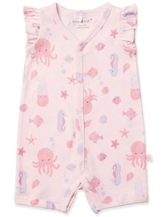 Seascape Flutter Sleeve Romper in Pink