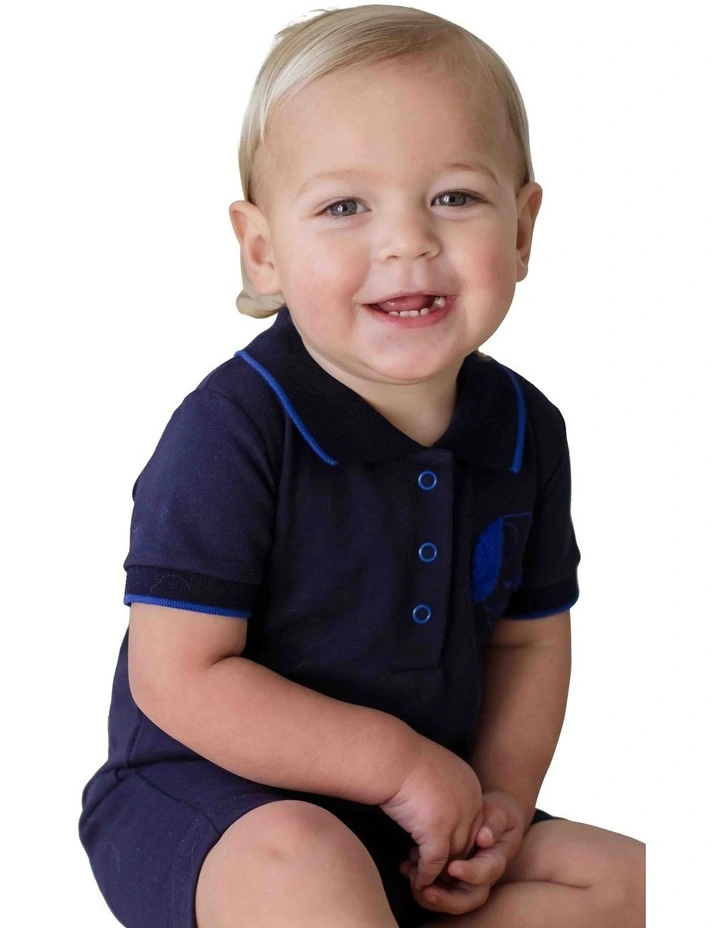 Best Friends French Terry Polo Romper in Blue image 2