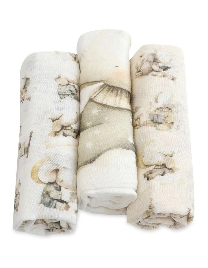 Elephant Bedtime Muslin Wraps 3 Pack in Beige/White image 1