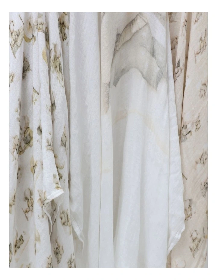 Elephant Bedtime Muslin Wraps 3 Pack in Beige/White image 6