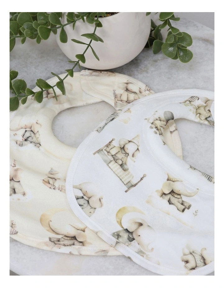 Elephant Bedtime Dribble Bibs 2 Pack in Beige/White image 2