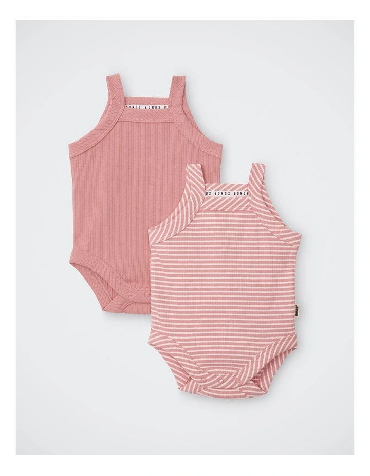 Baby Newbies Rib Singlet Suit 2 Pack in Watermelon Sorbet / Marscapone image 1