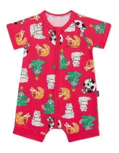 Baby Zip Romper in Kittens For Christmas in Red
