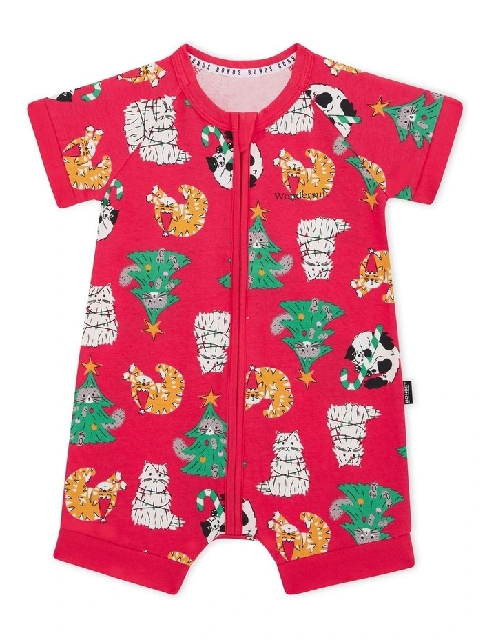 Baby Zip Romper in Kittens For Christmas in Red image 1