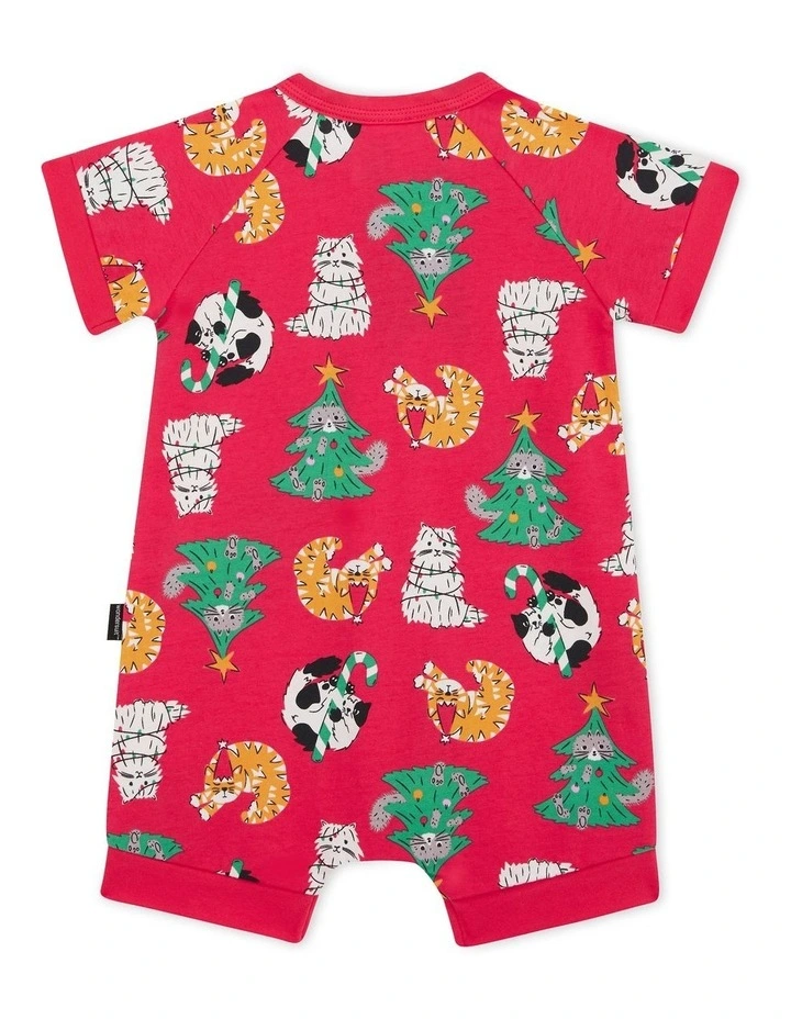 Baby Zip Romper in Kittens For Christmas in Red image 2