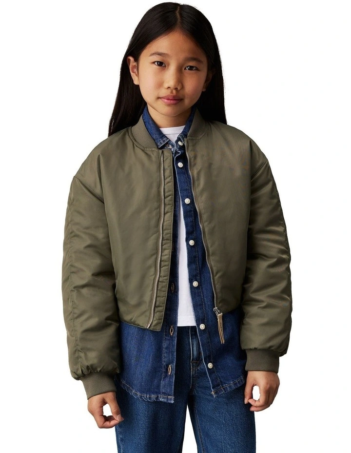 GIRLS 8-16 Satin Hero Bomber in Dusty Olive image 1