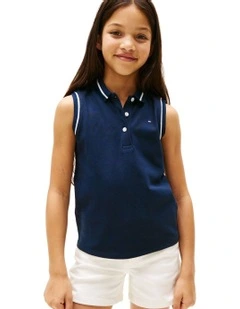 Tipped Collar Sleeveless Polo Shirt in Blue