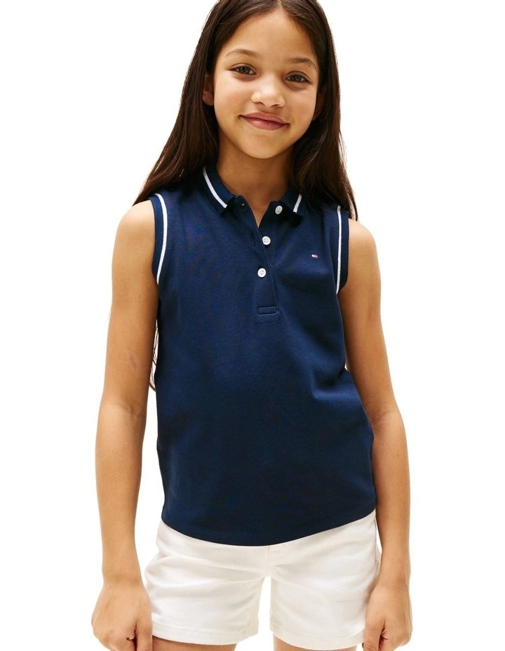 Tipped Collar Sleeveless Polo Shirt in Blue image 1