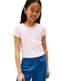 Ruffle Short Sleeve Ribbed Slim Top (8-16Years) in Pink