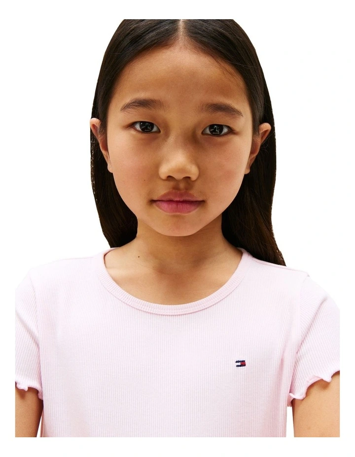 Ruffle Short Sleeve Ribbed Slim Top (8-16Years) in Pink image 3