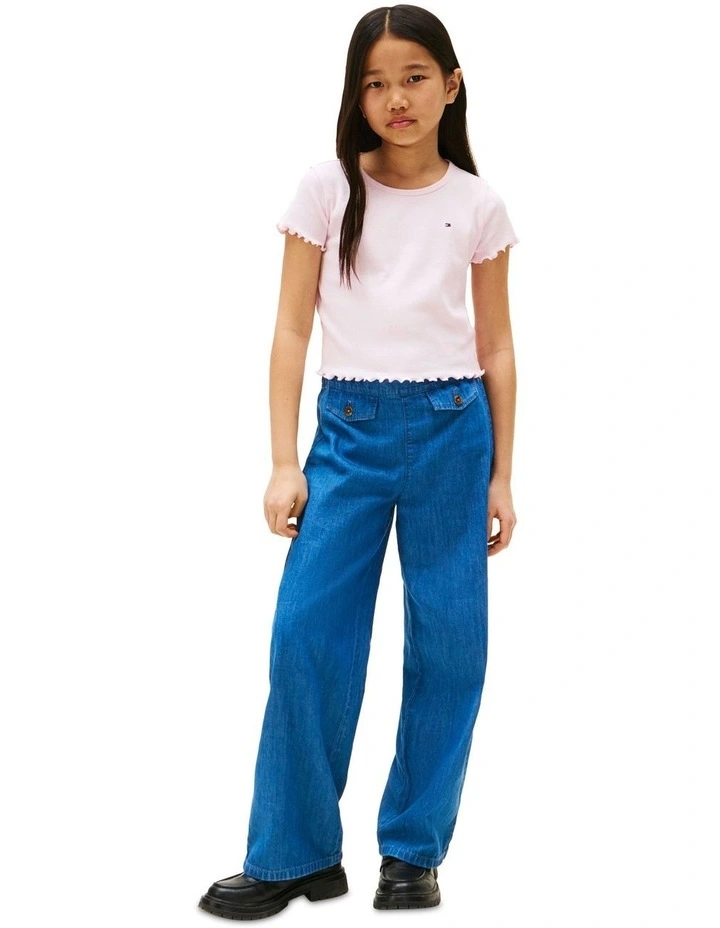 Ruffle Short Sleeve Ribbed Slim Top (8-16Years) in Pink image 4