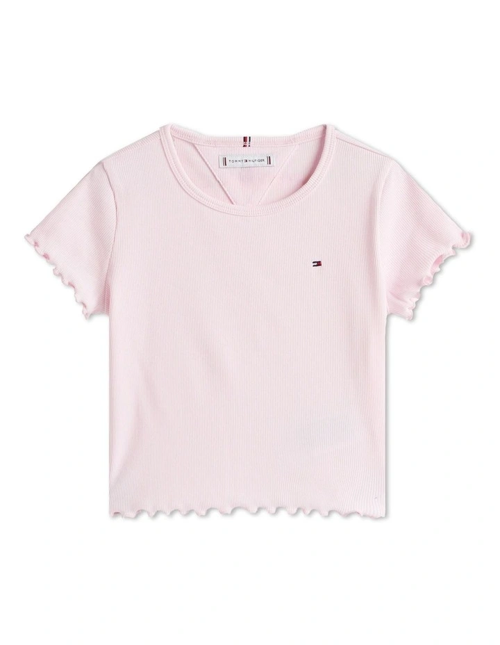 Ruffle Short Sleeve Ribbed Slim Top (8-16Years) in Pink image 5