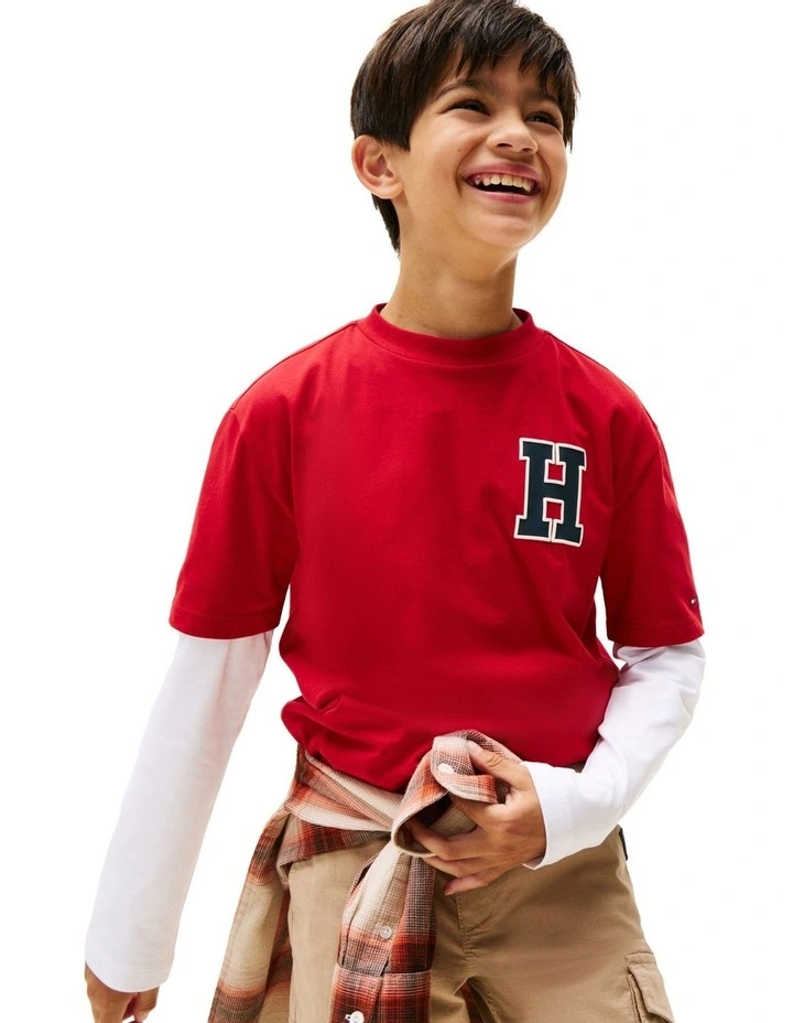Varsity Back Logo Crew Neck T-Shirt (3-7Years) in Red image 3