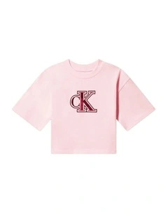 Velvet Monogram Boxy Short Sleeve T-shirt (8-16 Years) in Pink