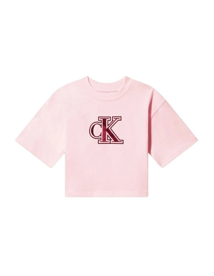 Velvet Monogram Boxy Short Sleeve T-shirt (8-16 Years) in Pink image 1