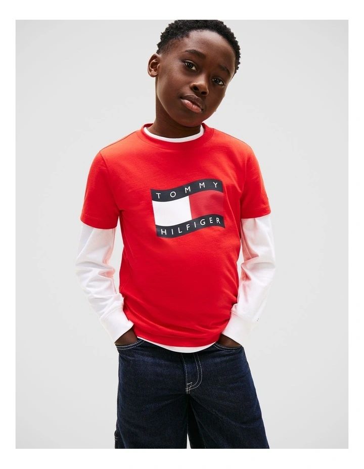 Wavy Flag Jersey Crew Neck T-Shirt (8-16 years) in Red image 1