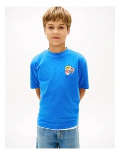 Boys Sticker Print Back Graphic Jersey T-Shirt (3-7 Years) in Blue