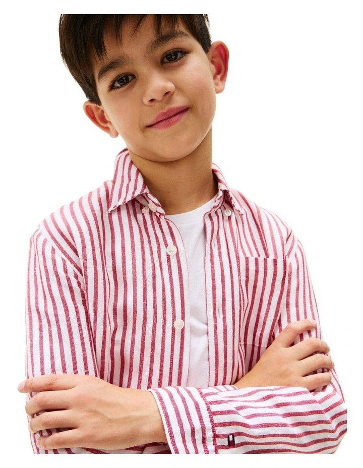 Striped Linen Blend Shirt (8-16Years) in Red image 3