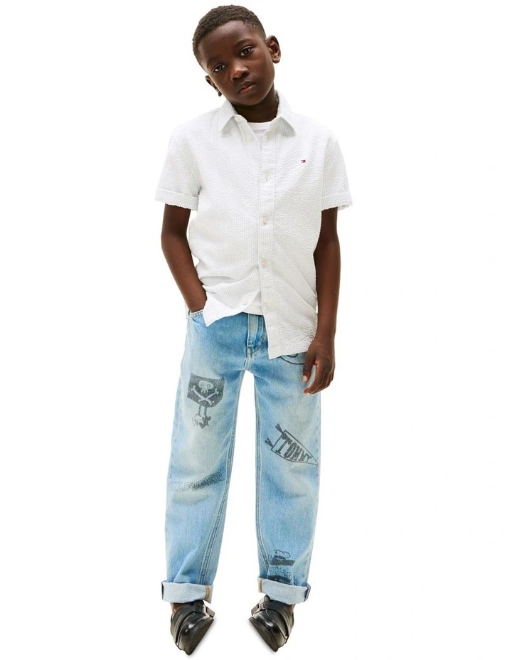 Short Sleeve Seersucker Shirt (3-7Years) in Blue image 4