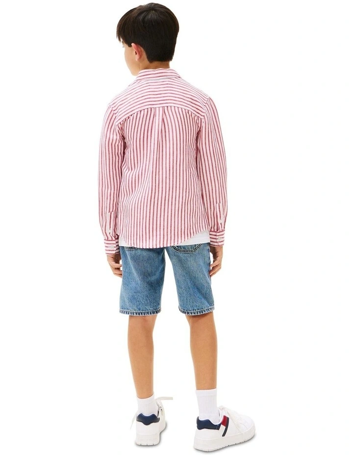 Striped Linen Blend Shirt (3-7Years) in Red image 2