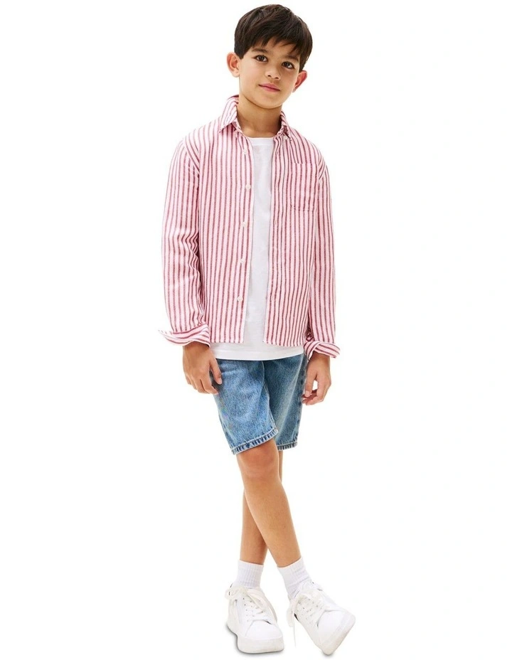 Striped Linen Blend Shirt (3-7Years) in Red image 4