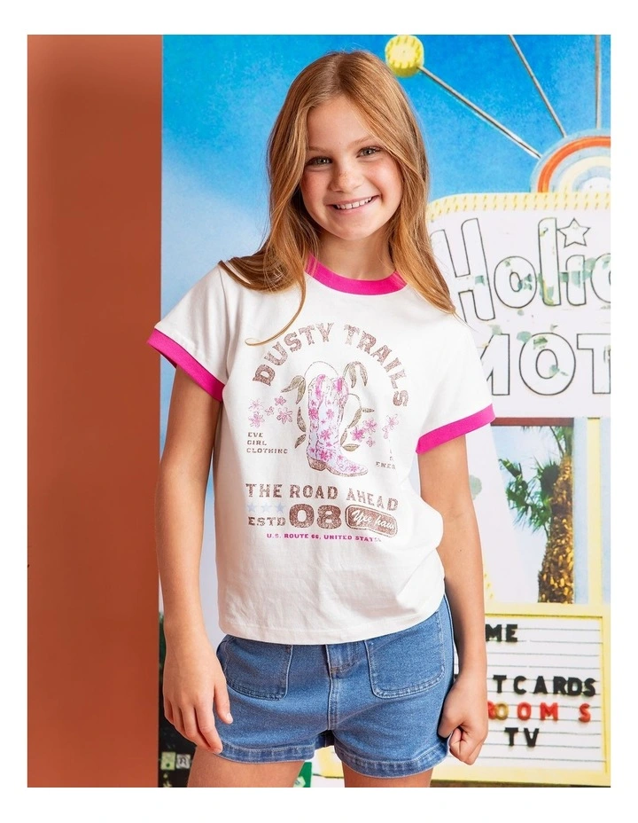 Cowgirl Ringer Tee (8 - 16 Years) in Vintage White image 2