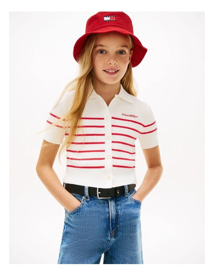 Girls Logo Embroidery Short Sleeve Polo Cardigan (8-16 Years) in Red image 1
